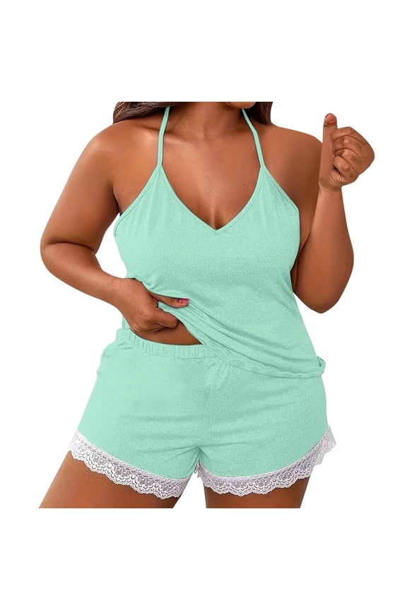 Women Plus Size Lace Pajama Set Short Sleeveless Top & Shorts 2 Piece Sleepwear Pyjamas Set Cozy Night-clothes