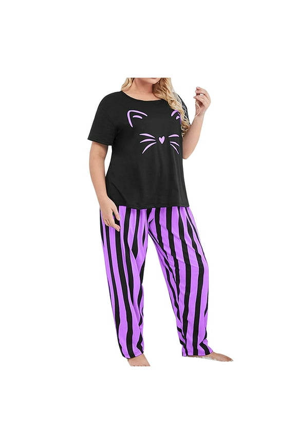Women Plus Size Pajamas Short Sleeve Tee Striped Pants Sets Sleepwear Pyjamas Cozy Nightwear