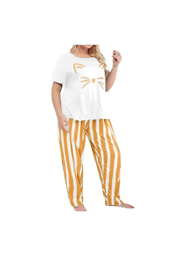 Women Plus Size Pajamas Short Sleeve Tee Striped Pants Sets Sleepwear Pyjamas Soft Homewear