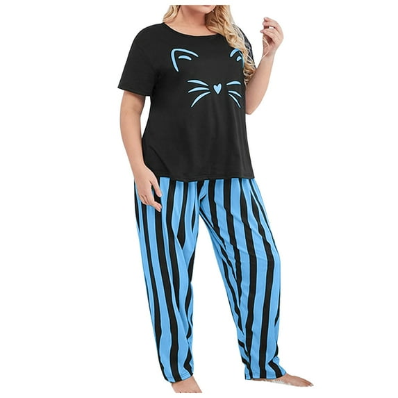 FUNDUFI Women Plus Size Pajamas Short Sleeve Tee Striped Pants Sets Sleepwear Pyjamas Soft Loungewear
