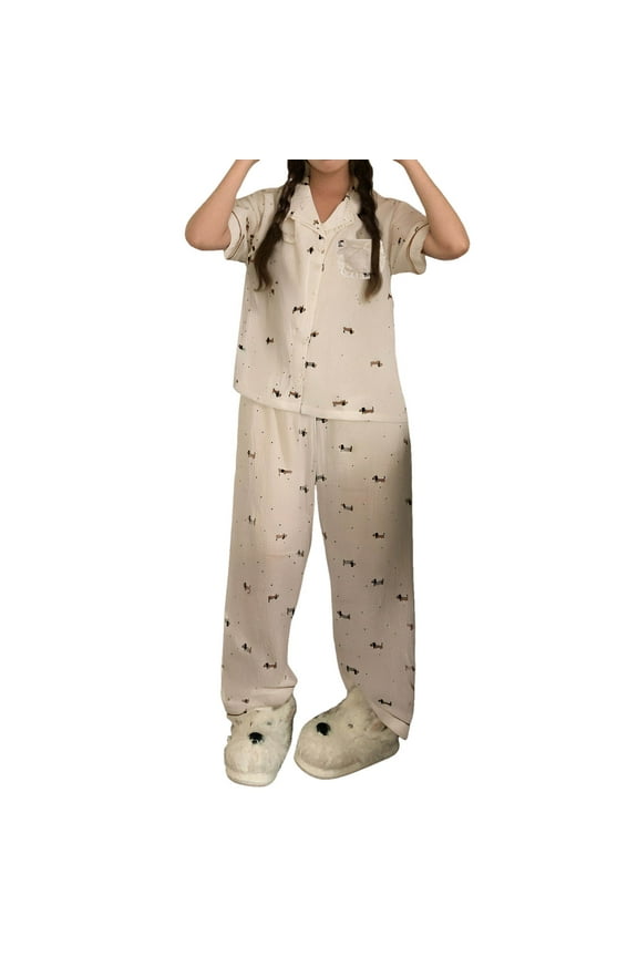 Women'S Pajama Set Short Sleeve Cartoon Dog Prints Pajama Tops With Sleepwear Long Pants Oversized 2Pcs Pjs Outfit Set Soft Lightweight Lounge Sets Loose Homewear