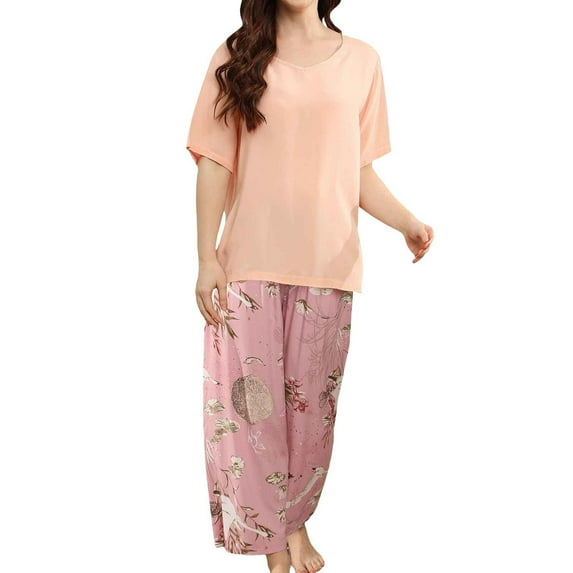 FUNDUFI Women'S Pajama Set Short Sleeve Floral Prints Pajama Tops With Sleepwear Long Pants Oversized 2Pcs Pjs Outfit Set Soft Lightweight Lounge Sets Comfy Homewear