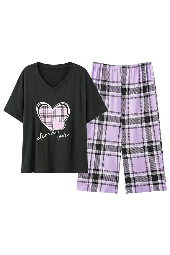 Women'S Pajama Set Short Sleeve Love Heart Prints Pajama Tops With Plaid Sleepwear Capri Pants Oversized 2Pcs Pjs Outfit Set Soft Lightweight Lounge Sets Loose Homewear