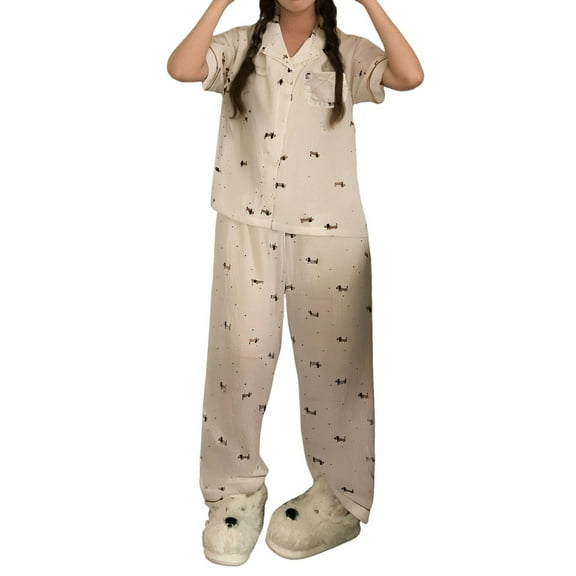 FUNDUFI Women'S Pajama Sets Short Sleeve Buttons Tops Long Pants Oversized 2Pcs Pjs Set Comfy Sleepewar Outfit Summer Nightwear