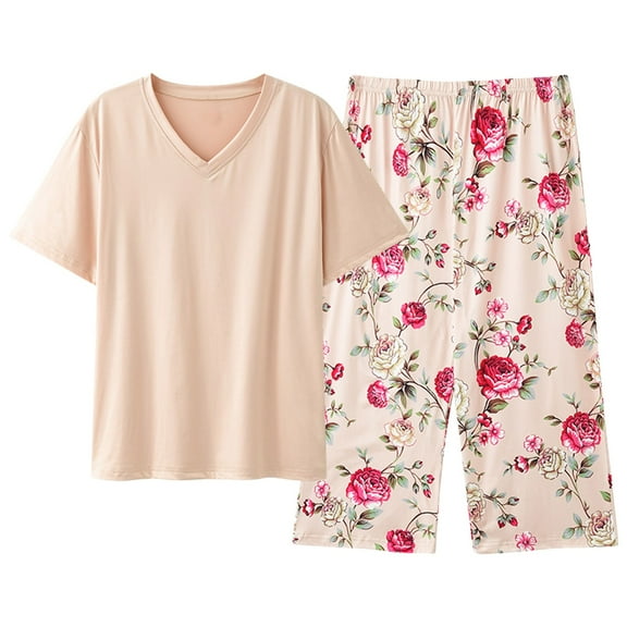 FUNDUFI Women'S Pajama Sets Short Sleeve Tops Capri Pants Oversized 2Pcs Pjs Set Comfy Sleepewar Outfit Summer Nightwear