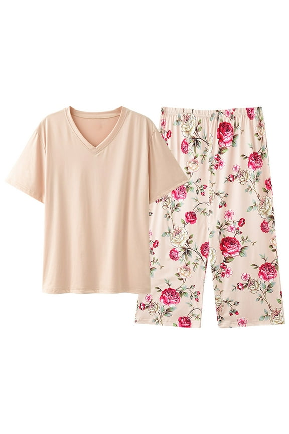 Women'S Pajama Sets Short Sleeve Tops Capri Pants Oversized 2Pcs Pjs Set Comfy Sleepewar Outfit Summer Nightwear