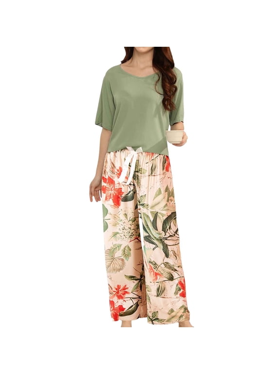 Women'S Pajama Sets Short Sleeve Tops Long Pants Oversized 2Pcs Pjs Set Comfy Sleepewar Outfit Cozy Nightwear
