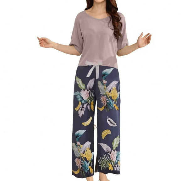 FUNDUFI Women'S Pajama Sets Short Sleeve Tops Long Pants Oversized 2Pcs Pjs Set Comfy Sleepewar Outfit Summer Nightwear