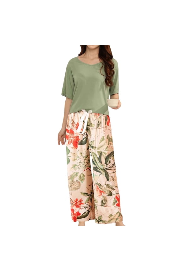 Women'S Pajama Sets Short Sleeve Tops Long Pants Oversized 2Pcs Pjs Set Comfy Sleepewar Outfit Summer Nightwear