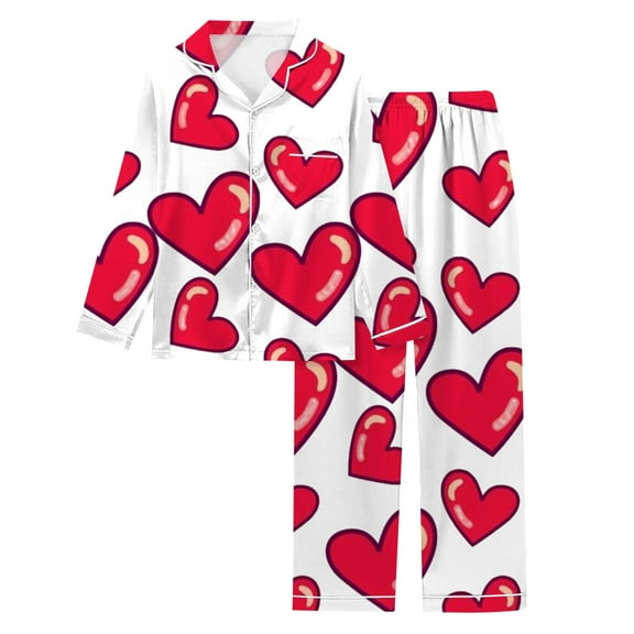 FUNDUFI Women'S Pajamas Set Long Sleeve Lapel Casual Valentine's Day Love Heart Printed Pajama Shirts   Pants 2Pcs Pjs Sets Soft Loose Fit Sleepwear Outfits Set Comfy Women'S Pyjamas