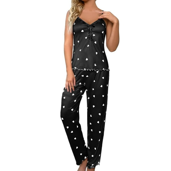 FUNDUFI Women Sexy V Neck Pajamas Comfortable Home Button Spaghetti Straps Lace Trousers Sleepwear Pyjamas Cozy Nightwear
