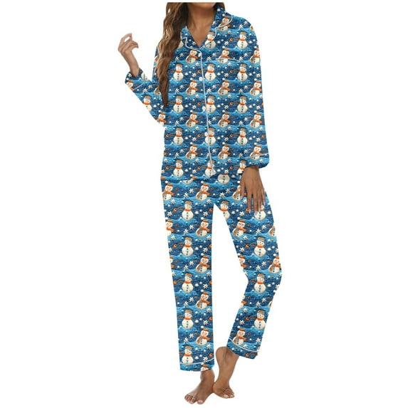 FUNDUFI Women's Pajama Sets Christmas Printed Button Up Long Sleeve Shirts + Stretchy Loose Fit Pants 2Pcs Sleepwear Outfits Comfy Ladys Nightwear
