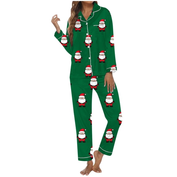 FUNDUFI Women's Pajama Sets Christmas Printed Button Up Long Sleeve Shirts + Stretchy Loose Fit Pants 2Pcs Sleepwear Outfits Suitable For Winter