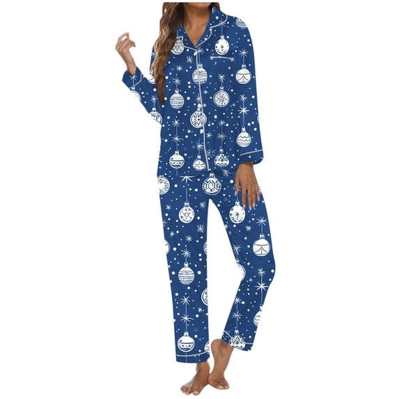 FUNDUFI Women's Pajama Sets Christmas Printed Button Up Long Sleeve Shirts + Stretchy Loose Fit Pants 2Pcs Sleepwear Outfits Suitable For Winter