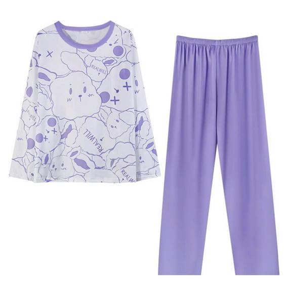 FUNDUFI Women's Pajama Sets Cute Sweet Animal Printed Long Sleeve Oversized Pajamas T-Shirt Stretchy Sleepwear Pants Breathable Loose Fit 2Pcs Homewear Pajama Sets Comfortable Sleep Clothes