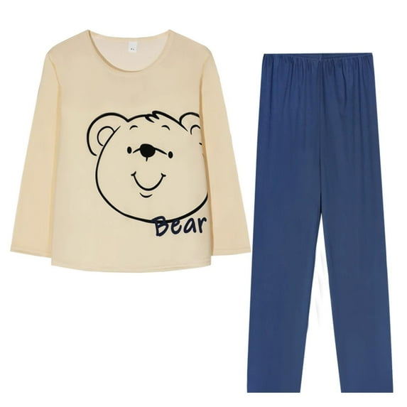 FUNDUFI Women's Pajama Sets Cute Sweet Bear Printed Long Sleeve Oversized Pajamas T-Shirt Stretchy Sleepwear Pants Breathable Loose Fit 2Pcs Homewear Pajama Sets Comfy Pjs For Women