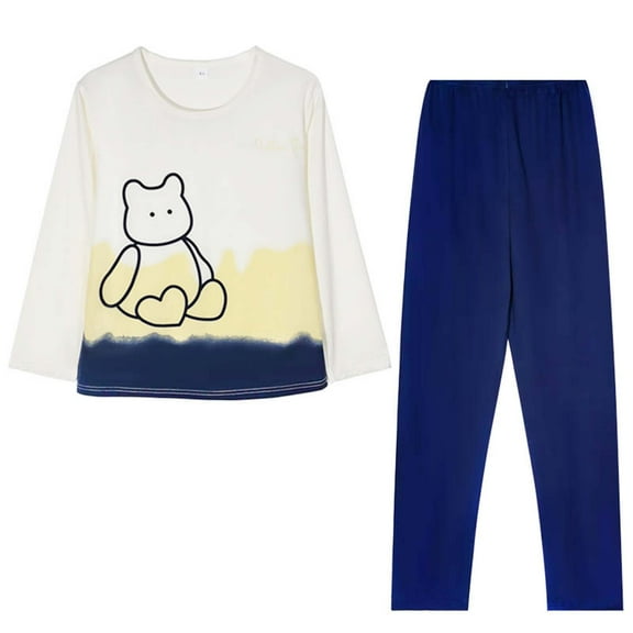 FUNDUFI Women's Pajama Sets Cute Sweet Bear Printed Long Sleeve Oversized Pajamas T-Shirt Stretchy Sleepwear Pants Breathable Loose Fit 2Pcs Homewear Pajama Sets Comfy Pjs For Women