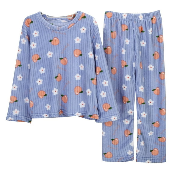 FUNDUFI Women's Pajama Sets Cute Sweet Peach Printed Long Sleeve Thickened Flannel Pajamas Shirts Stretchy Cozy Sleepwear Pants Warm Loose Fit 2Pcs Homewear Pajama Sets Comfortable Sleep Clothes