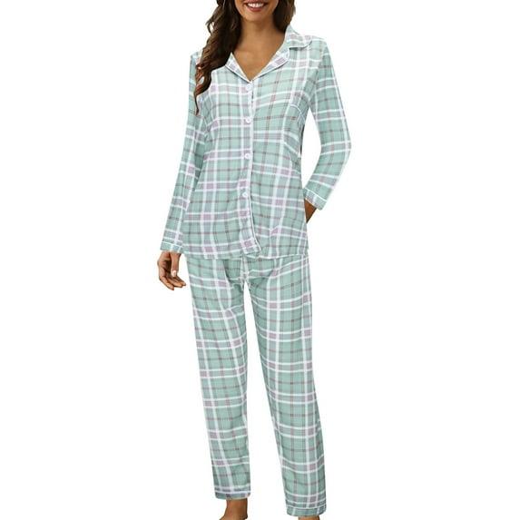 FUNDUFI Women's Pajama Sets Fashion Plaid Printed Long Sleeve Lapel Buttons Up Pajama Shirts Stretchy Sleepwear Pants Breathable Loose Fit 2Pcs Homewear Pajama Sets Comfy Pjs For Women