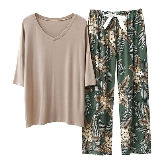 FUNDUFI Women's Pajamas Outfits Short Sleeve Casual Floral Printed Pajamas Floral Capri Pants 2Pcs Pjs Set Breathable Loose Fit Sleepwear Outfit Comfy Womens Homewear