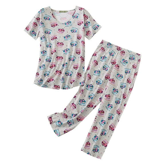 FUNDUFI Women's Pajamas Outfits Short Sleeve Casual Floral Printed Pajamas Stretchy Capri Pants 2Pcs Pjs Set Breathable Loose Fit Sleepwear Outfit Comfy Womens Homewear