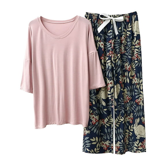 FUNDUFI Women's Pajamas Outfits Short Sleeve Solid Color Pajamas Floral Capri Pants 2Pcs Pjs Set Breathable Loose Fit Sleepwear Outfit Comfy Womens Homewear
