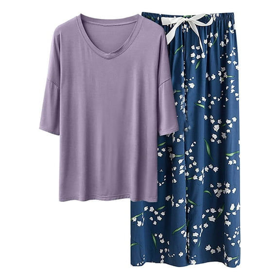 FUNDUFI Women's Pajamas Outfits Short Sleeve Solid Color Pajamas Floral Capri Pants 2Pcs Pjs Set Breathable Loose Fit Sleepwear Outfit Comfy Womens Homewear