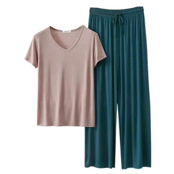 FUNDUFI Women'S Pajama Set Short Sleeve Solid Color Pajama Tops With Sleepwear Long Pants Oversized 2Pcs Pjs Outfit Set Soft Lightweight Lounge Sets Comfy Homewear