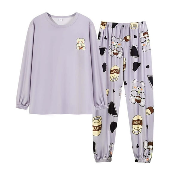 FUNDUFI Womens Pajama Set Cute Sweet Animal Printed Long Sleeve Oversized Pajamas T-Shirt Stretchy Sleepwear Pants Breathable Loose Fit 2Pcs Homewear Pajama Sets Comfortable Sleep Clothes