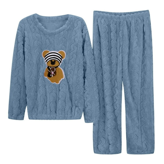 FUNDUFI Womens Pajama Set Cute Sweet Bear Printed Long Sleeve Thickened Flannel Pajamas Shirts Stretchy Cozy Sleepwear Pants Warm Loose Fit 2Pcs Homewear Pajama Sets Comfy Pjs For Women