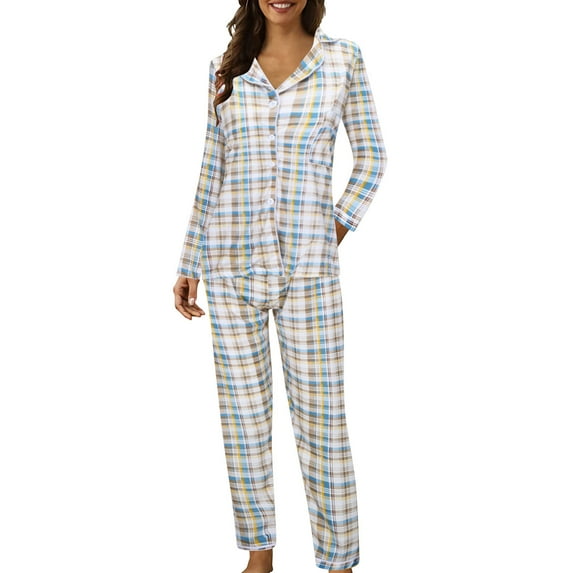 FUNDUFI Womens Pajama Set Fashion Plaid Printed Long Sleeve Lapel Buttons Up Pajama Shirts Stretchy Sleepwear Pants Breathable Loose Fit 2Pcs Homewear Pajama Sets Comfortable Sleep Clothes