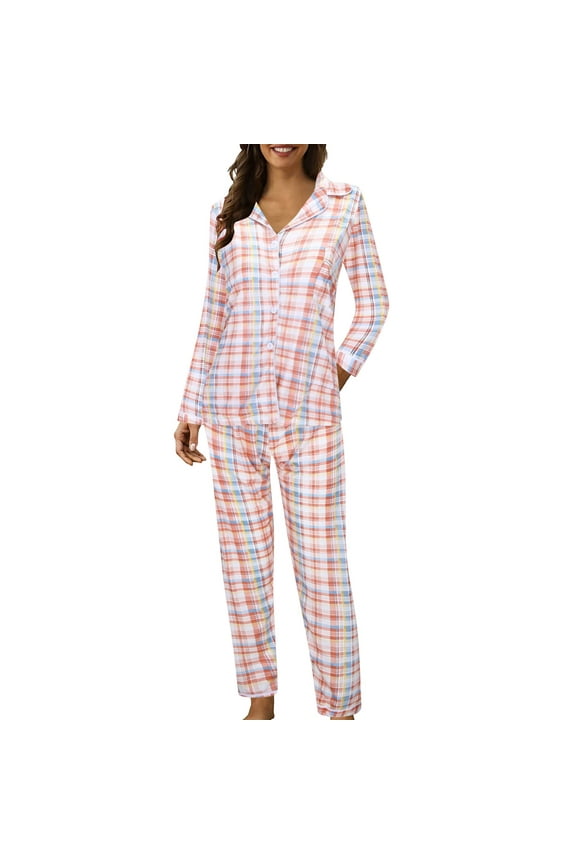 Womens Pajama Set Fashion Plaid Printed Long Sleeve Lapel Buttons Up Pajama Shirts Stretchy Sleepwear Pants Breathable Loose Fit 2Pcs Homewear Pajama Sets Comfortable Sleep Clothes