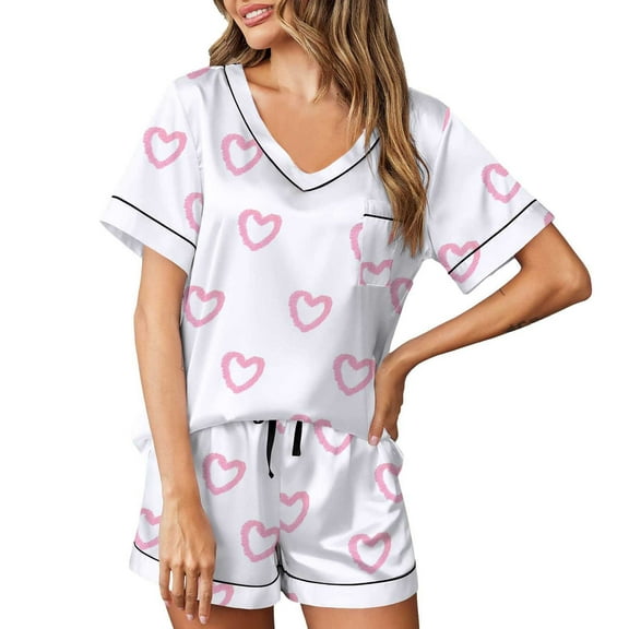 FUNDUFI Womens Pajama Sets Short Sleeve Casual Valentine's Day Bowknot Printed Soft Pajama Shirt Shorts 2Pcs Sleepwear Outfit Sets Comfortable Loose Fit Pyjamas Set Comfy Women's Homewear