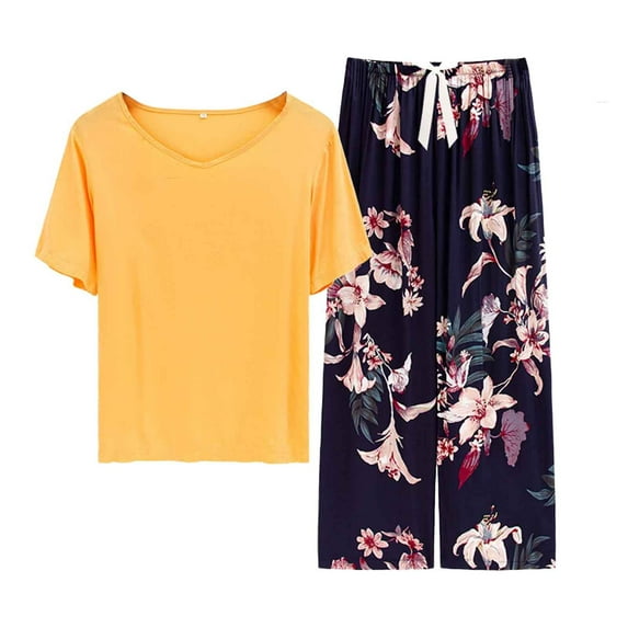 FUNDUFI Womens Pajama Sets Short Sleeve Floral Prints Pajama Tops With Sleepwear Long Pants Oversized 2Pcs Pjs Outfit Set Soft Lightweight Lounge Sets Comfy Homewear