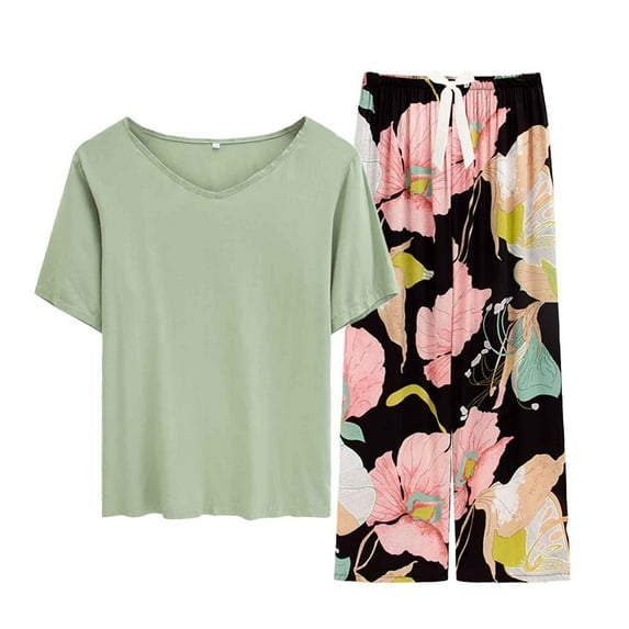 FUNDUFI Womens Pajama Sets Short Sleeve Floral Prints Pajama Tops With Sleepwear Long Pants Oversized 2Pcs Pjs Outfit Set Soft Lightweight Lounge Sets Loose Homewear