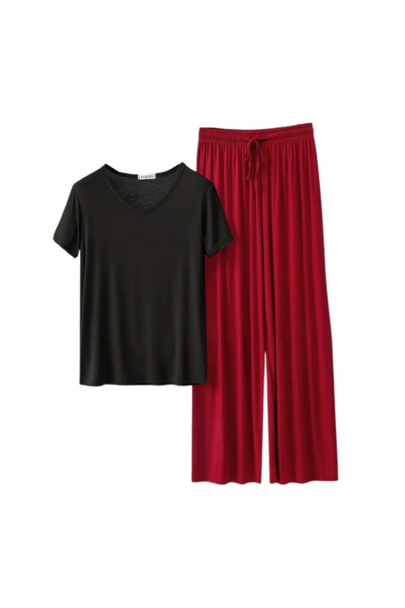 Womens Pajama Sets Short Sleeve Solid Color Pajama Tops With Sleepwear Long Pants Oversized 2Pcs Pjs Outfit Set Soft Lightweight Lounge Sets Comfy Homewear