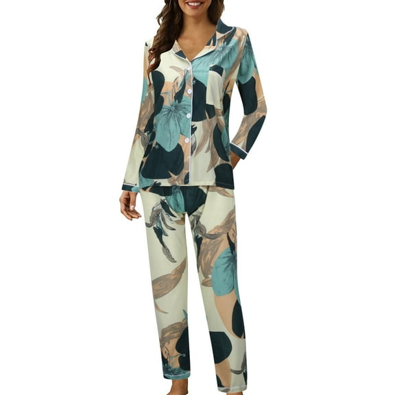 FUNDUFI Womens Pajamas Long Sleeve Cute Sweet Printed Pajama Shirt Pants 2Pcs Sleepwear Sets Soft Loose Fit Pjs Sets Comfy Women'S Homewear
