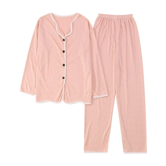 FUNDUFI Womens Pajamas Long Sleeve Fashion Patchwork Color Pajama Shirt Pants 2Pcs Sleepwear Sets Soft Loose Fit Pjs Sets Leisure Women'S Nightwear