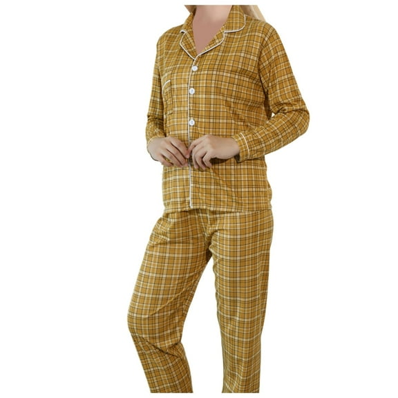 FUNDUFI Womens Pajamas Long Sleeve Fashion Plaid Printed Pajama Shirt Pants 2Pcs Sleepwear Sets Soft Loose Fit Pjs Sets Comfy Women'S Nightwear