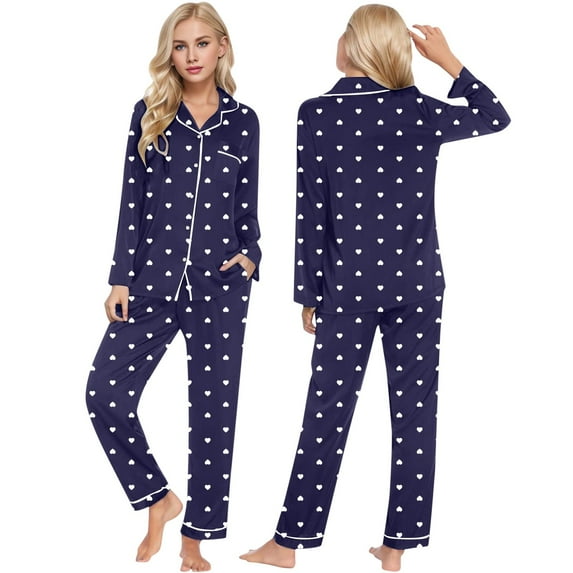 FUNDUFI Womens Pajamas Outfit Set Long Sleeve Casual Valentine's Day Love Heart Printed Soft Pajama Shirt Pants 2Pcs Sleepwear Outfit Sets Comfortable Loose Fit Pyjamas Set Comfy Women's Nightwear