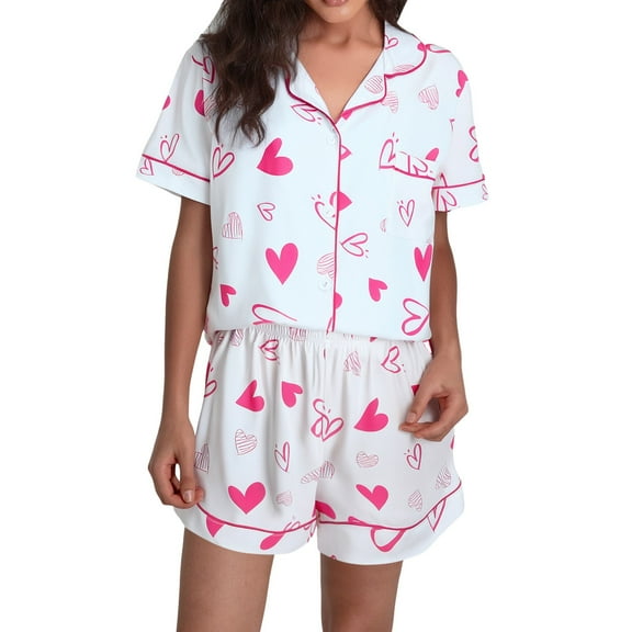 FUNDUFI Womens Pajamas Outfit Set Short Sleeve Casual Valentine's Day Love Heart Printed Satin Pajama Shirt Shorts 2Pcs Sleepwear Outfit Sets Comfortable Loose Fit Pyjamas Set Comfy Women's Nightwear