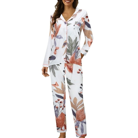 FUNDUFI Womens Pajamas Outfit Sets Long Sleeve Cute Sweet Printed Pajama Shirt Pants 2Pcs Sleepwear Sets Soft Loose Fit Pjs Sets Comfy Women'S Nightwear