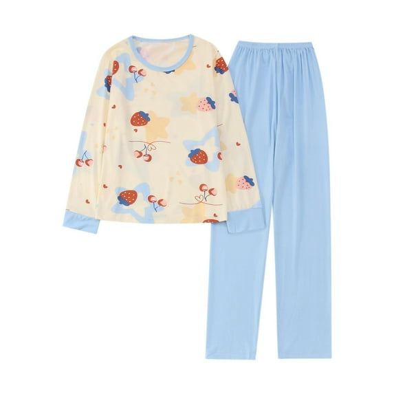 FUNDUFI Womens Pajamas Outfit Sets Long Sleeve Cute Sweet Printed Pajama Shirt Stretchy Pants Oversized 2Pcs Sleepwear Sets Soft Loose Fit Pjs Sets Comfy Women'S Nightwear