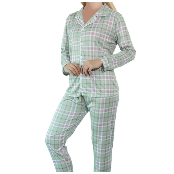 FUNDUFI Womens Pajamas Outfit Sets Long Sleeve Fashion Plaid Printed Pajama Shirt Pants 2Pcs Sleepwear Sets Soft Loose Fit Pjs Sets Comfy Women'S Homewear