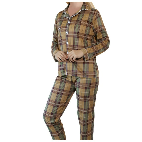 FUNDUFI Womens Pajamas Outfit Sets Long Sleeve Fashion Plaid Printed Pajama Shirt Pants 2Pcs Sleepwear Sets Soft Loose Fit Pjs Sets Comfy Women'S Nightwear