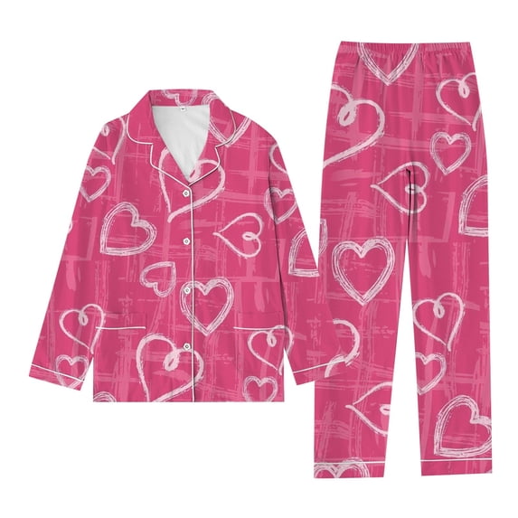 FUNDUFI Womens Pajamas Set Long Sleeve Lapel Casual Valentine's Day Love Heart Printed Pajama Shirts + Pants 2Pcs Pjs Sets Soft Loose Fit Sleepwear Outfits Set Comfy Women'S Homewear