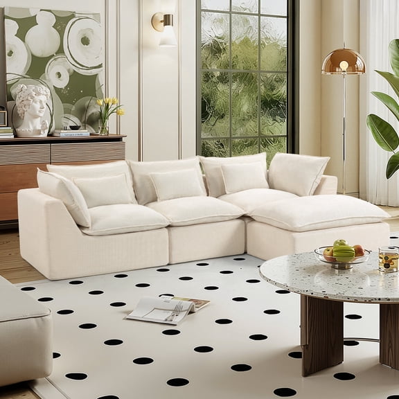FUNECORP 102.3" Cloud Couch Oversized Modular Sectional Sofa, 3-Seat with Ottoman, Comfy Deep Seat Living Room Furniture Set, Antique White