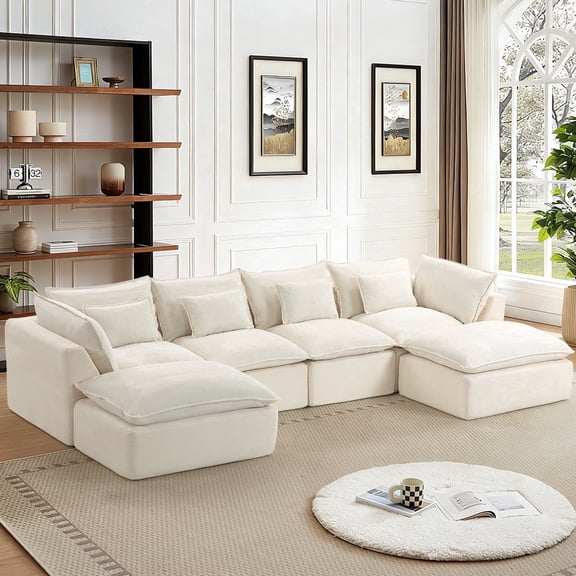 FUNECORP 129.8 Inch Cloud Modular Sectional Sofa Oversized High-Quality Cotton 4 Seat with 2 Ottomans Antique White