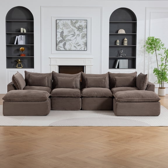 FUNECORP Cloud Corduroy Modular Sectional Sofa Oversized High-Quality Cotton 4 Seat with 2 Ottomans Antique White