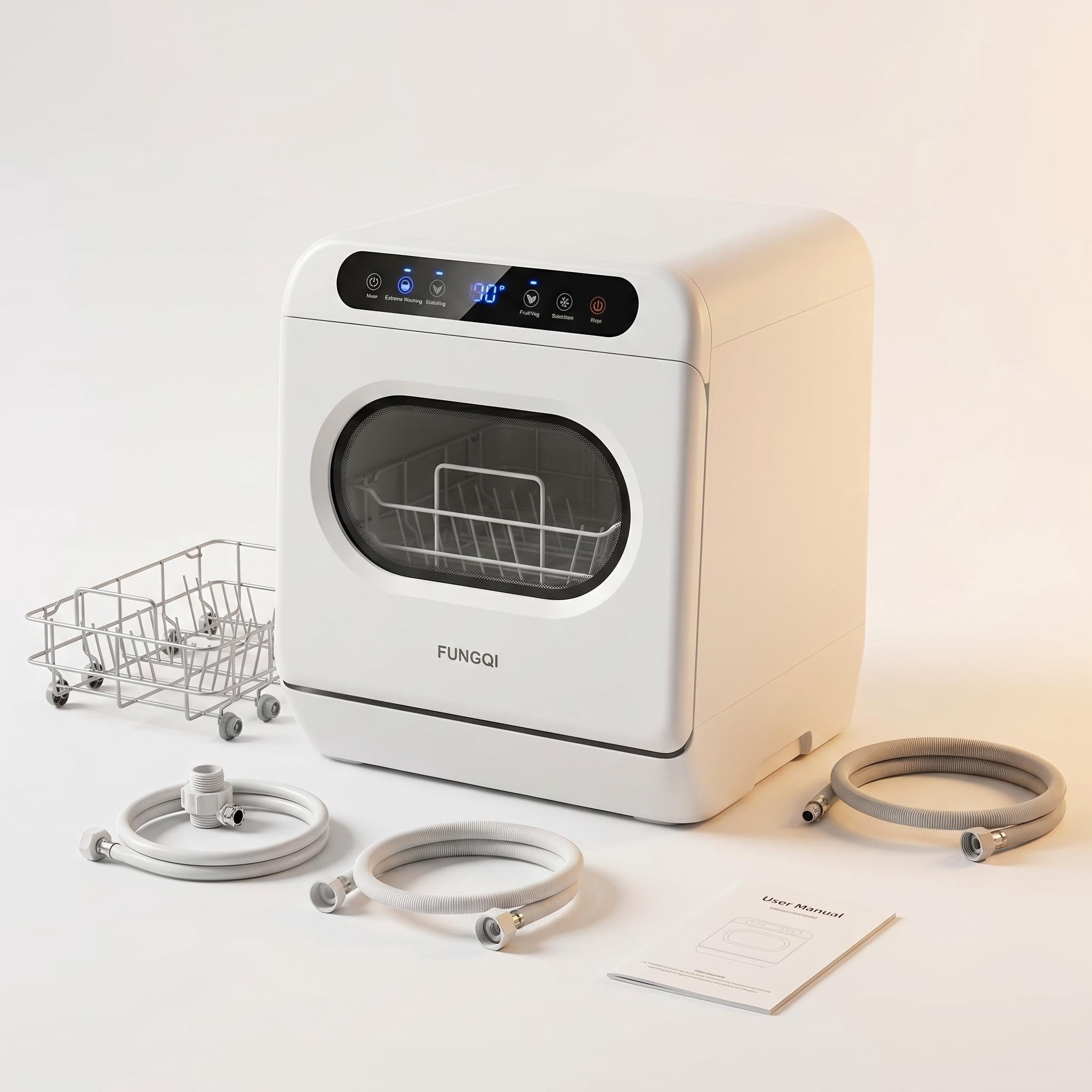 FUNGQI 1200W Portable Countertop Dishwasher with Voice Control, Mini Tabletop Dishwashing Machine with 12 Spray Outlets, 72℃ High-Temp Wash, Ozone Sterilization for Apartments RVs, White